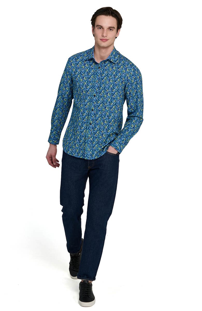 CONSTRUCT Slim Fit Budding Floral Performance Long Sleeve Shirt, Alternate, color, Navy/Yellow
