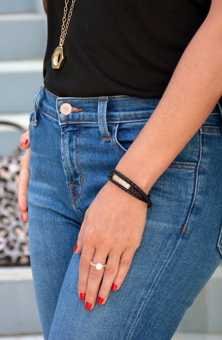 Liza Schwartz CZ Triple Braided Leather Bracelet, Alternate, color, Gold/ Black