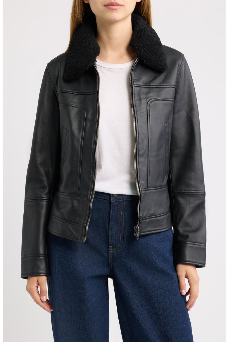 Nappa Leather Jacket with Faux Shearling Collar, Main, color, BLACK