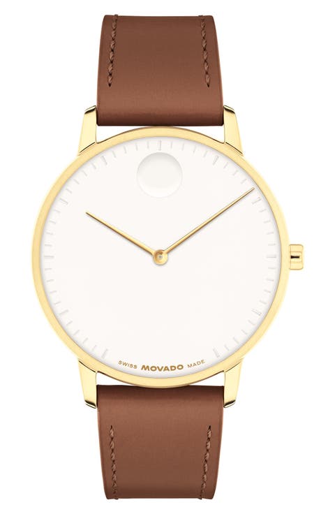 Face Leather Strap Watch, 39mm