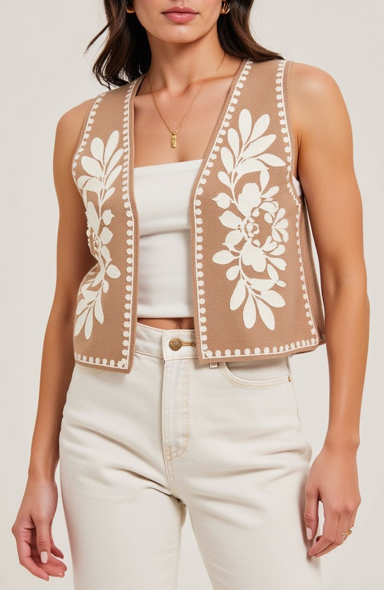Modenaire Sleeveless Open-Front Embroidered Vest with Floral Detailing, Main, color, Tan / White Embroidery