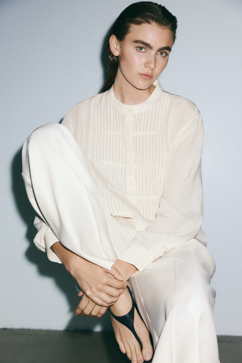 Button-front Pintuck Blouse, Alternate, color, Light beige