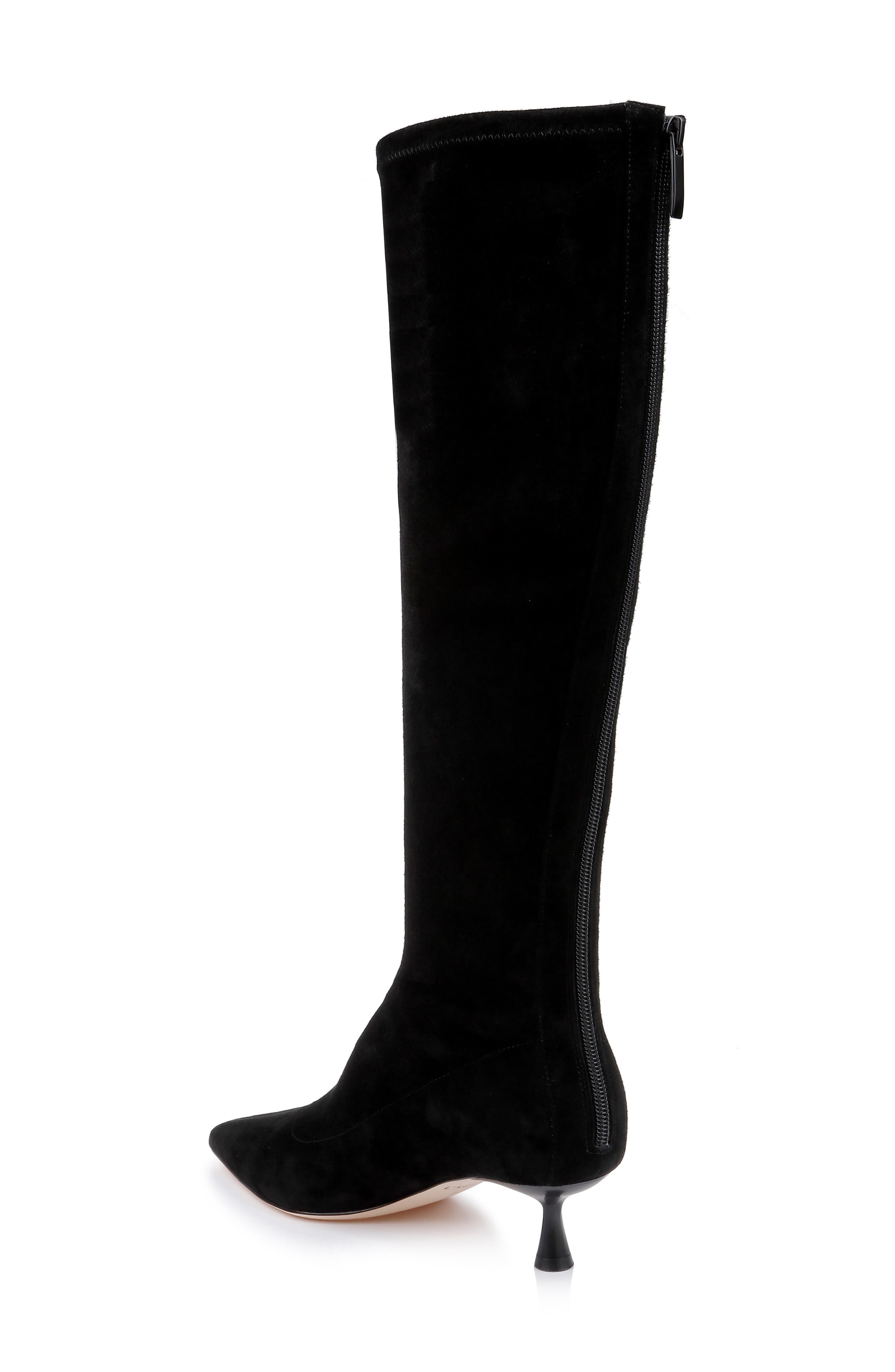 L'AGENCE Emilie Pointed Toe Kitten Heel Knee High Boot, Alternate, color, Black Suede