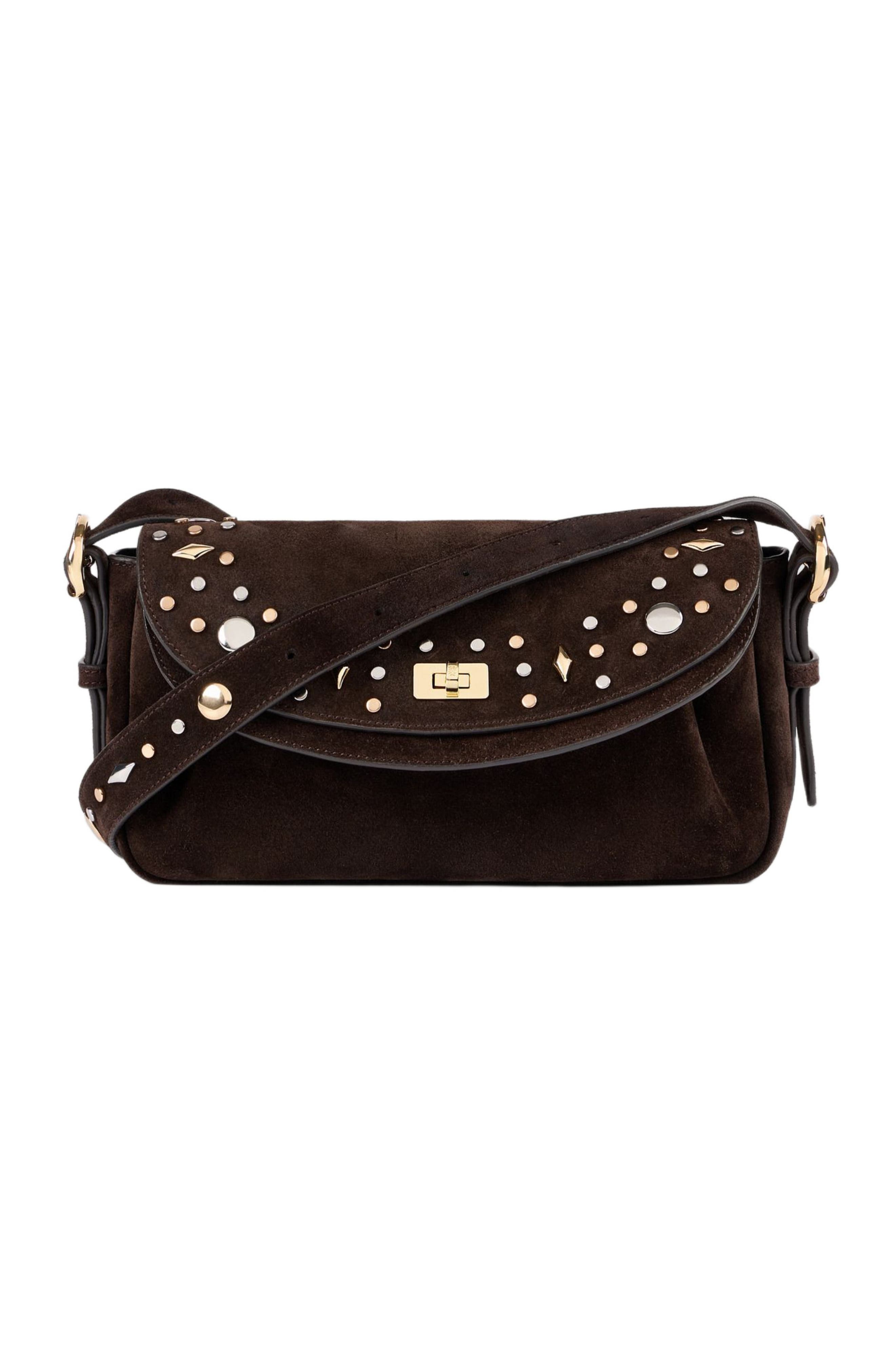 SANDRO LE MAMBO JANYS studded suede bag, Main, color, Black Brown
