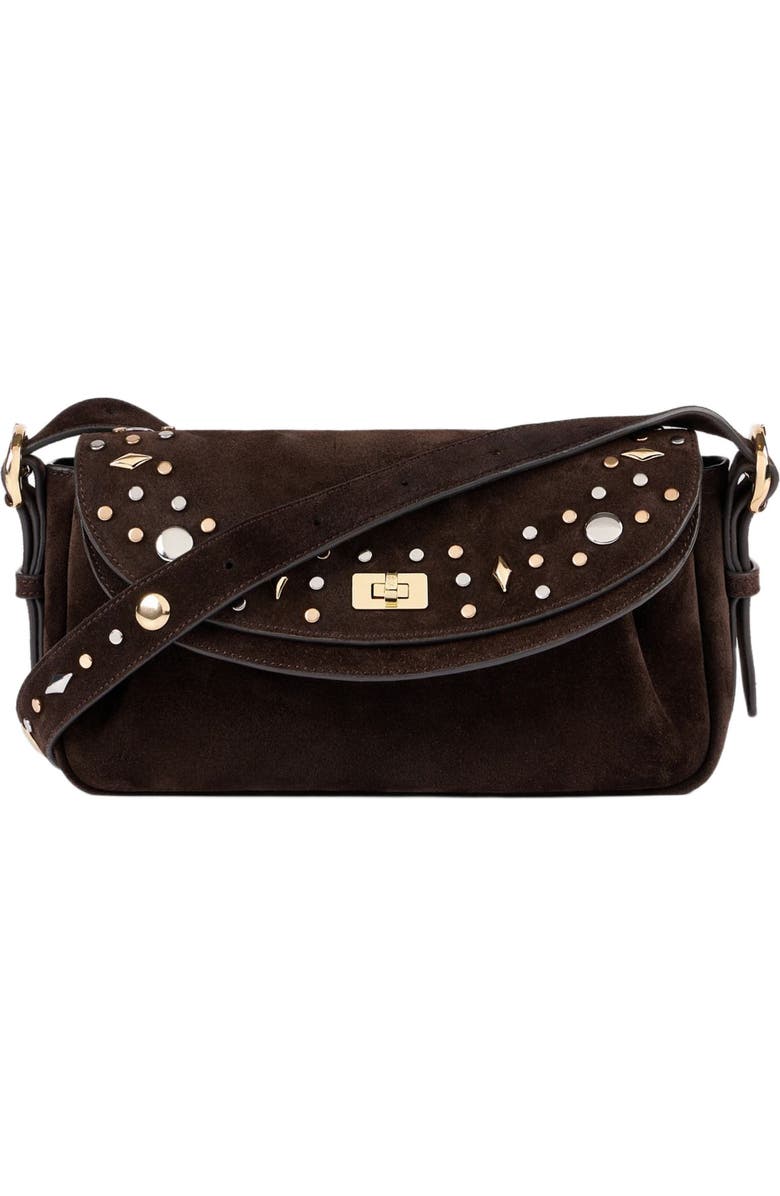 SANDRO LE MAMBO JANYS studded suede bag, Main, color, Black Brown