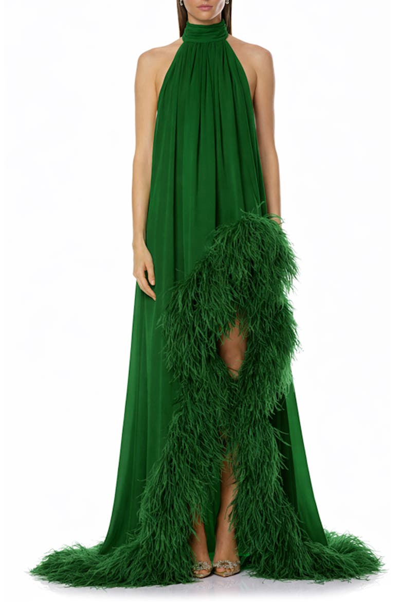 Madeline Feather Detail High-Low Gown, Main, color, EMERALD