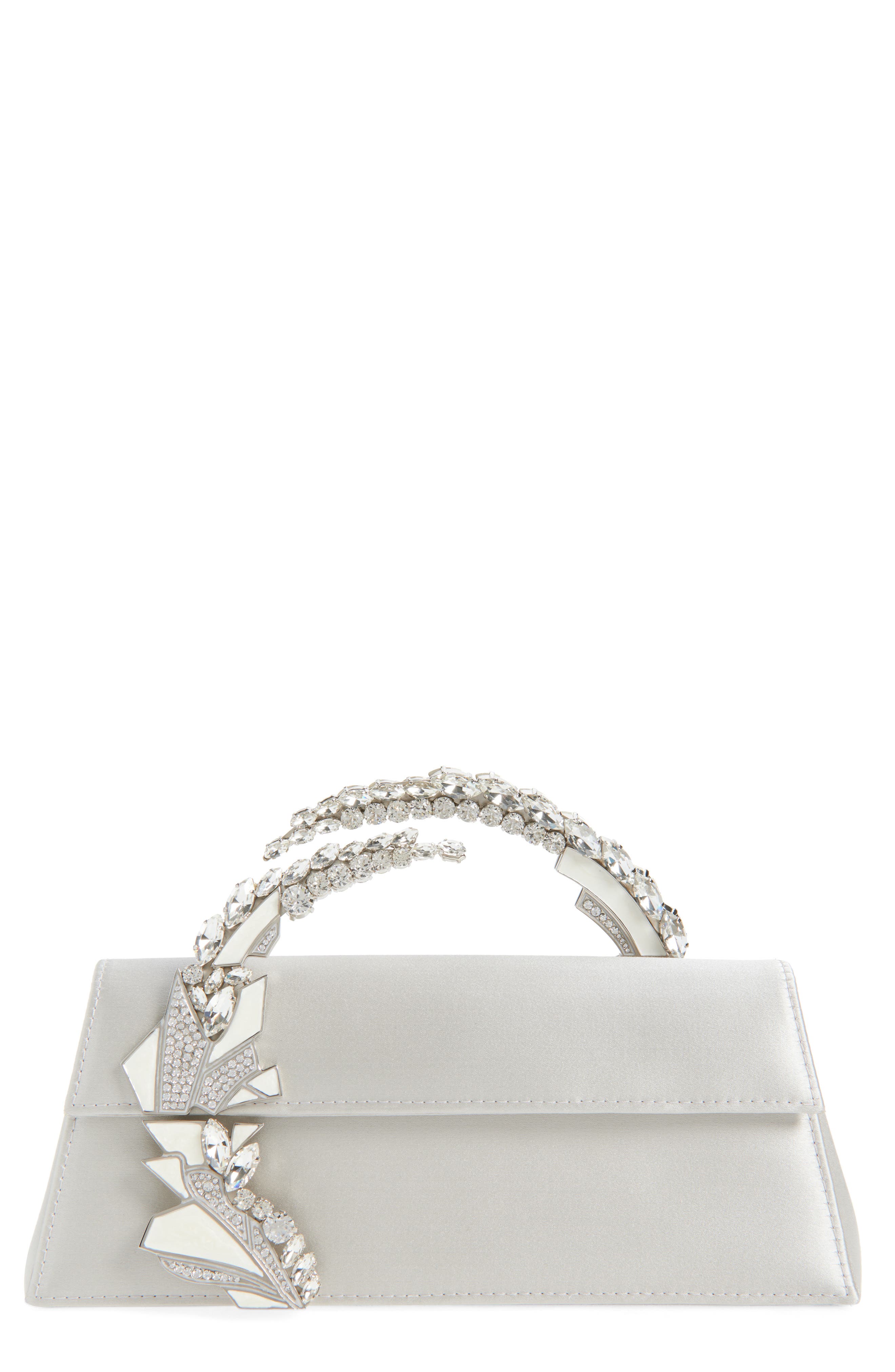 L’alingi Oasis Crystal Handle Satin Clutch, Main, color, Silver