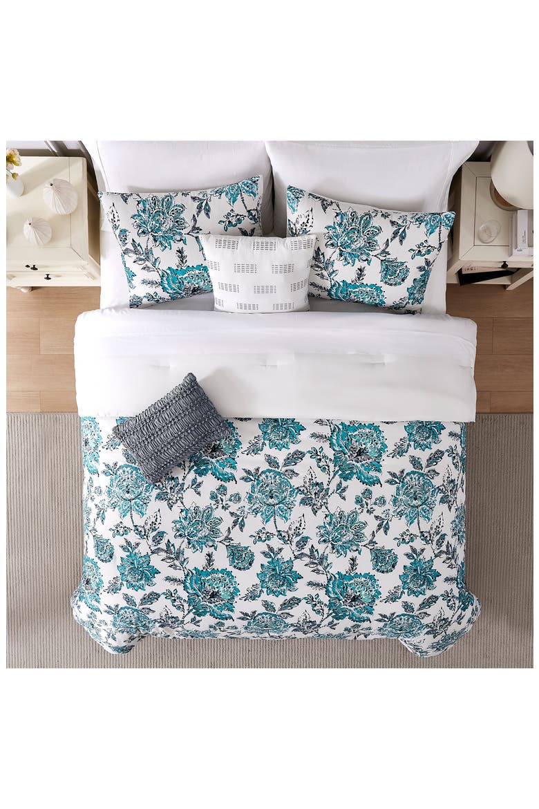 Floral Print Microfiber 5-Piece Comforter Set, Alternate, color, WHITE/ TEAL