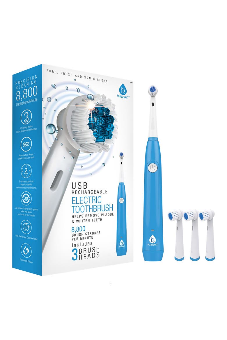 USB Rechargeable Rotary Toothbrush, Main, color, WHITE/BLUE