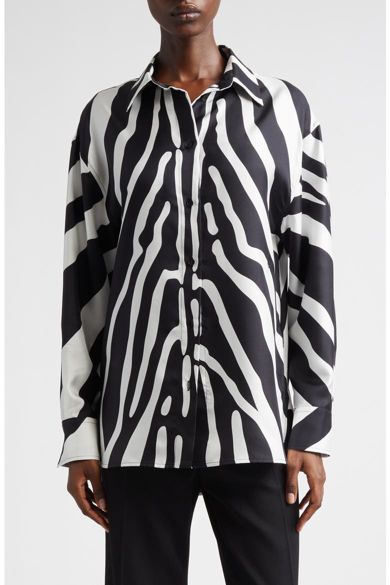 Animal Print Silk Button-Up Shirt, Main, color, MASCARPONE/ NERO