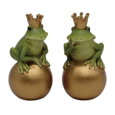 Resin King Frogs on Sphere Set of 2 Green and Gold for Spring Home Decor