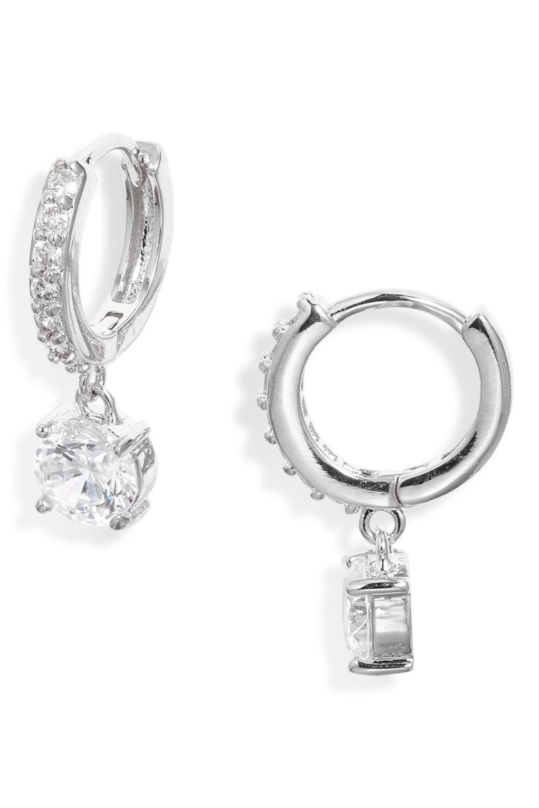 Cubic Zirconia Dangle Hoop Earrings, Main, color, CLEAR- SILVER