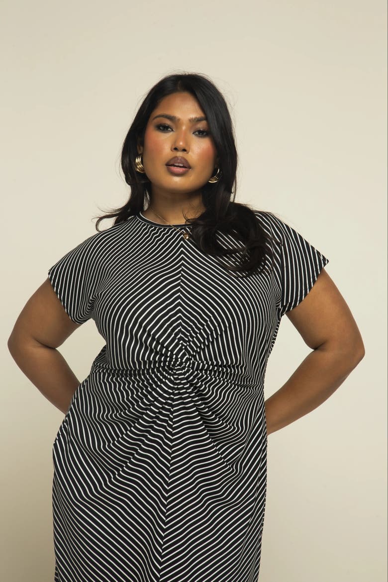 Cinched Striped Print Midi Dress, Alternate, color, Black