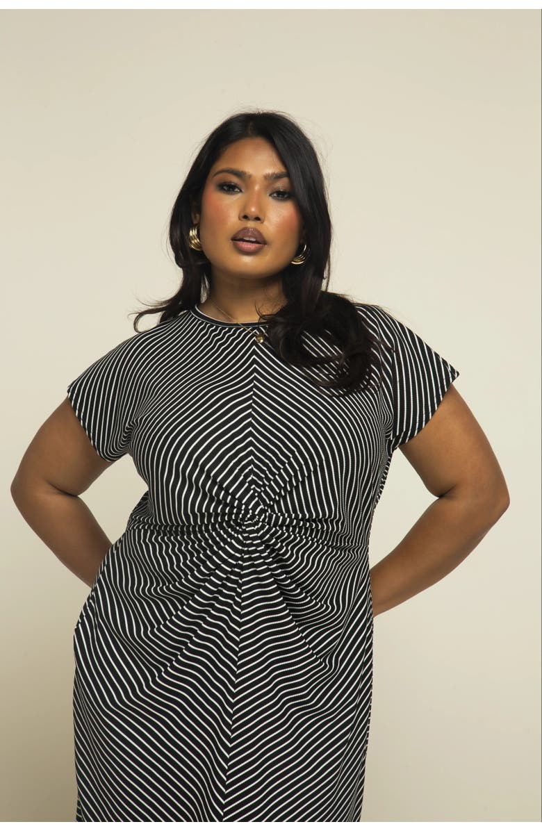 FASHION-SZN CURVE Cinched Striped Print Midi Dress, Alternate, color, Black