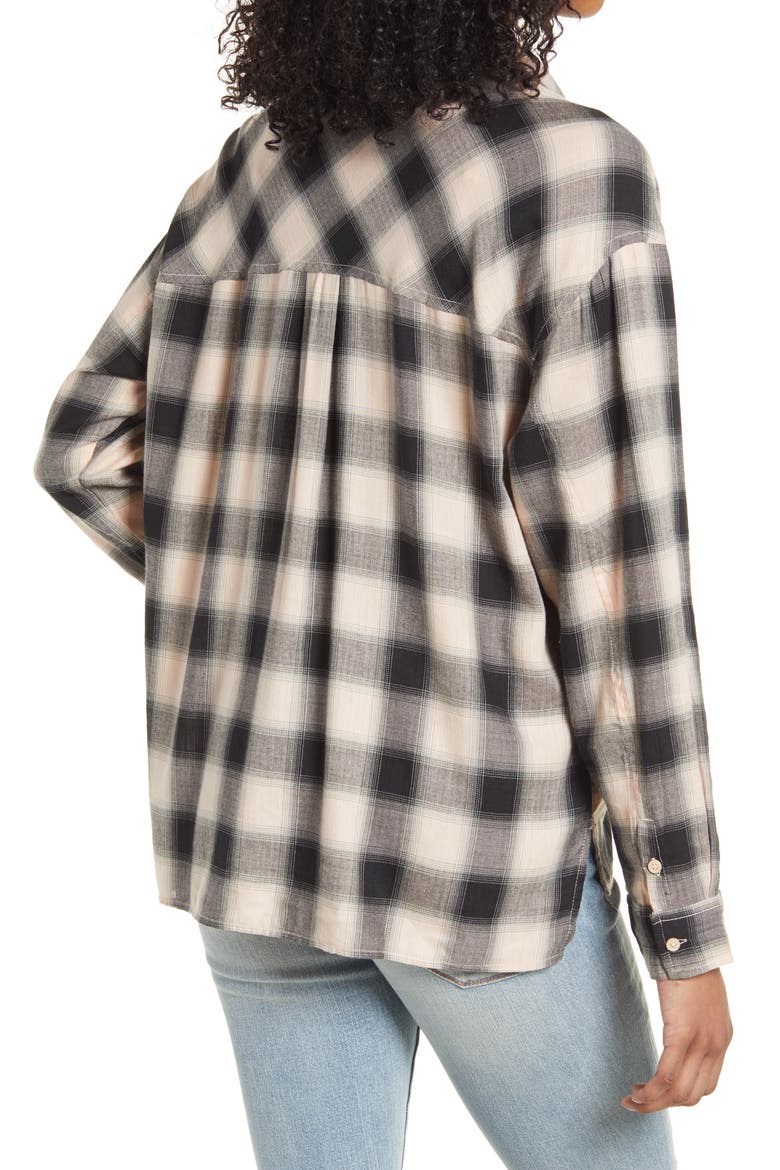 High/Low Plaid Button-Up Shirt, Alternate, color, PINK HERRINGBONE PLAID