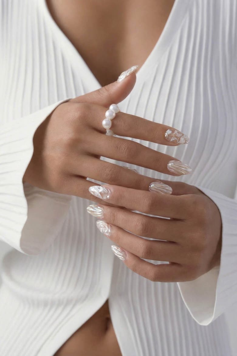 Pearly Girl Almond Press on Nails, Alternate, color, White