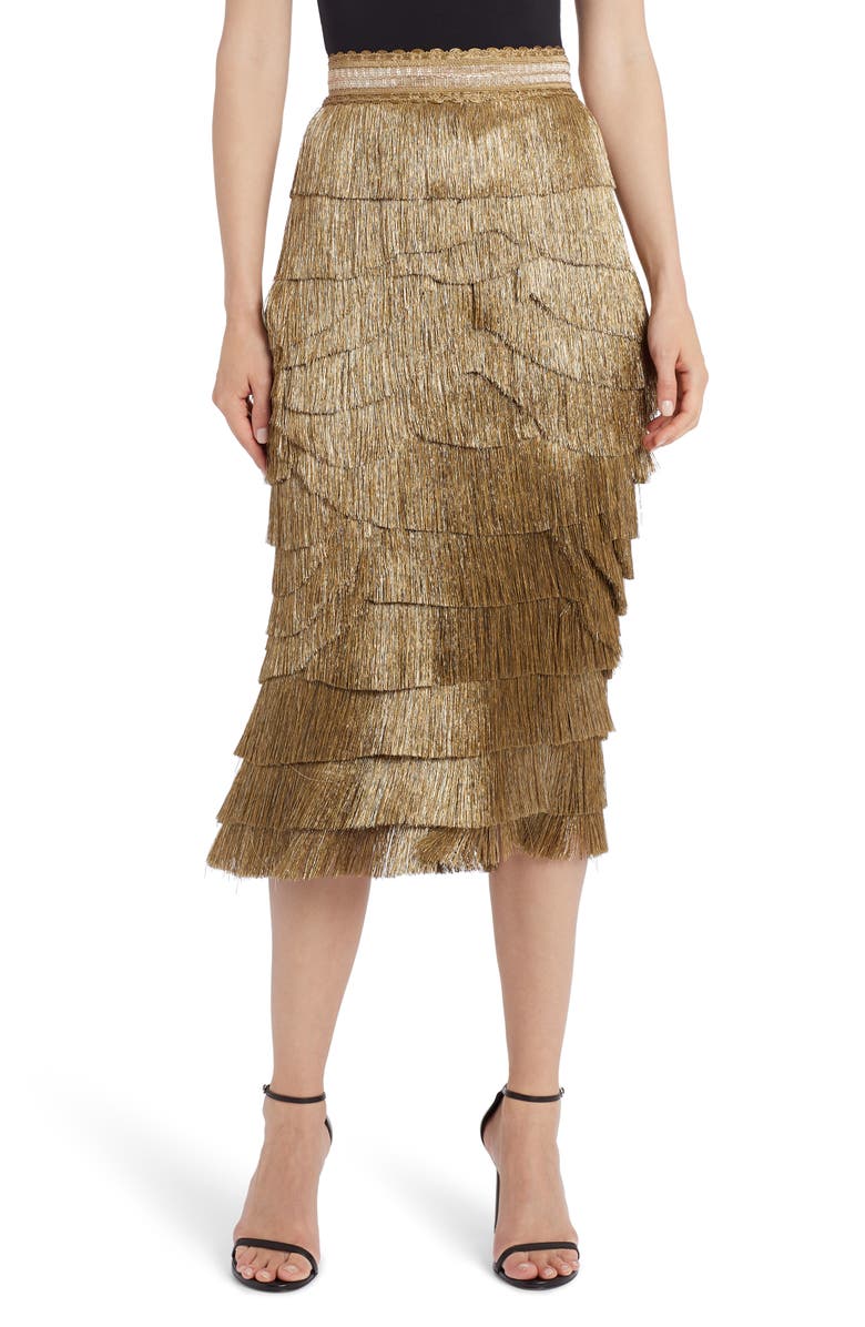 Dolce&Gabbana Metallic Fringe Stretch Silk Midi Skirt, Main, color, 