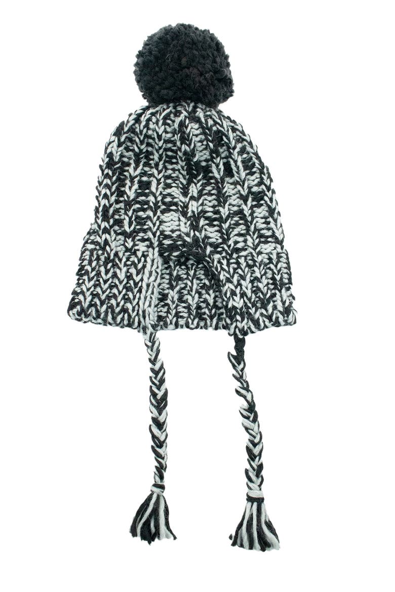 Knit Earflap Pompom Beanie, Alternate, color, BLACK/ GREY