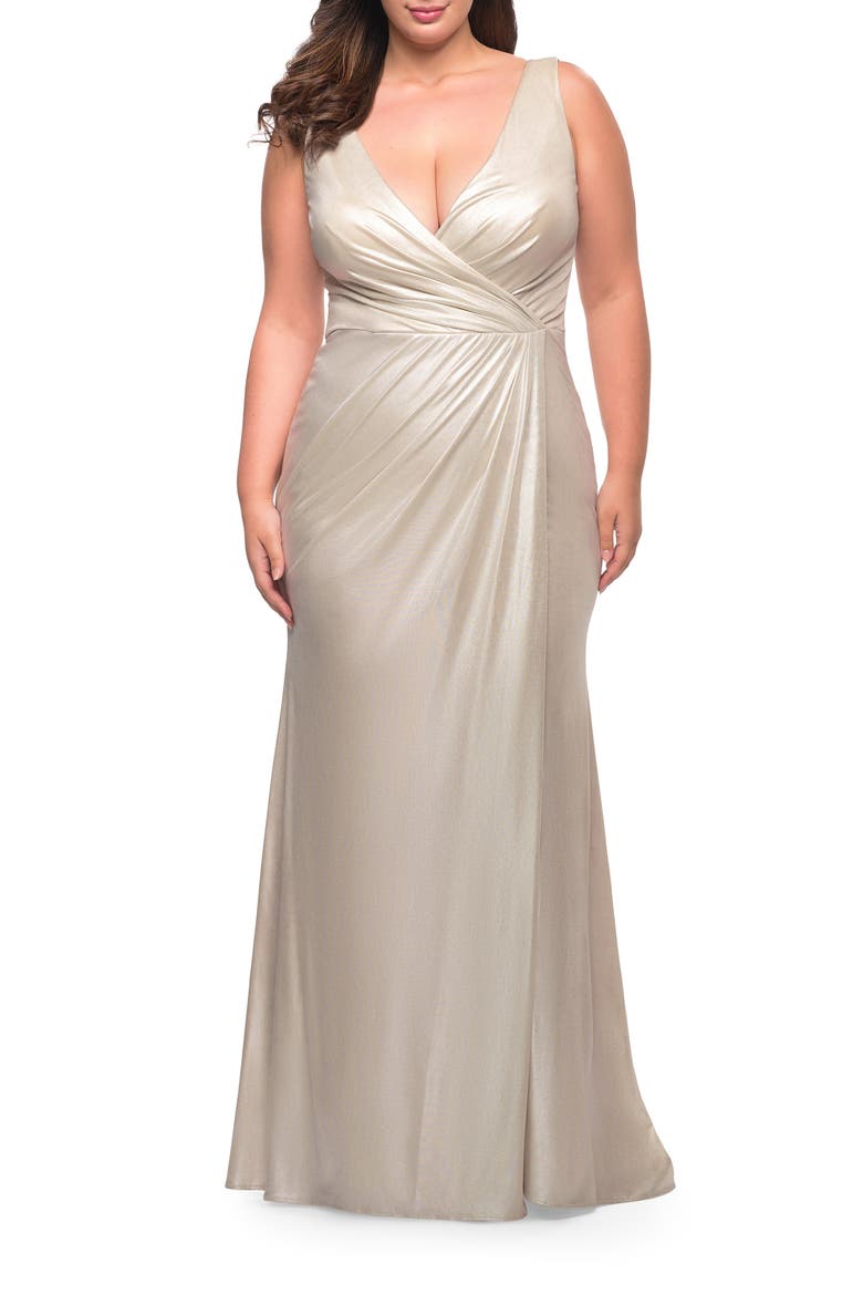 Metallic Jersey Plus Gown with Slit and V Neckline, Alternate, color, SILVER