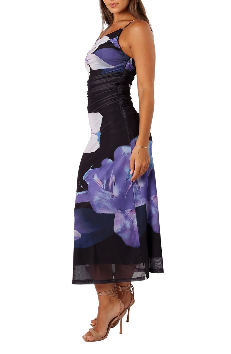 Petal & Pup Jasmine Asymmetric Neck Ruched Maxi Dress, Alternate, color, Black Floral
