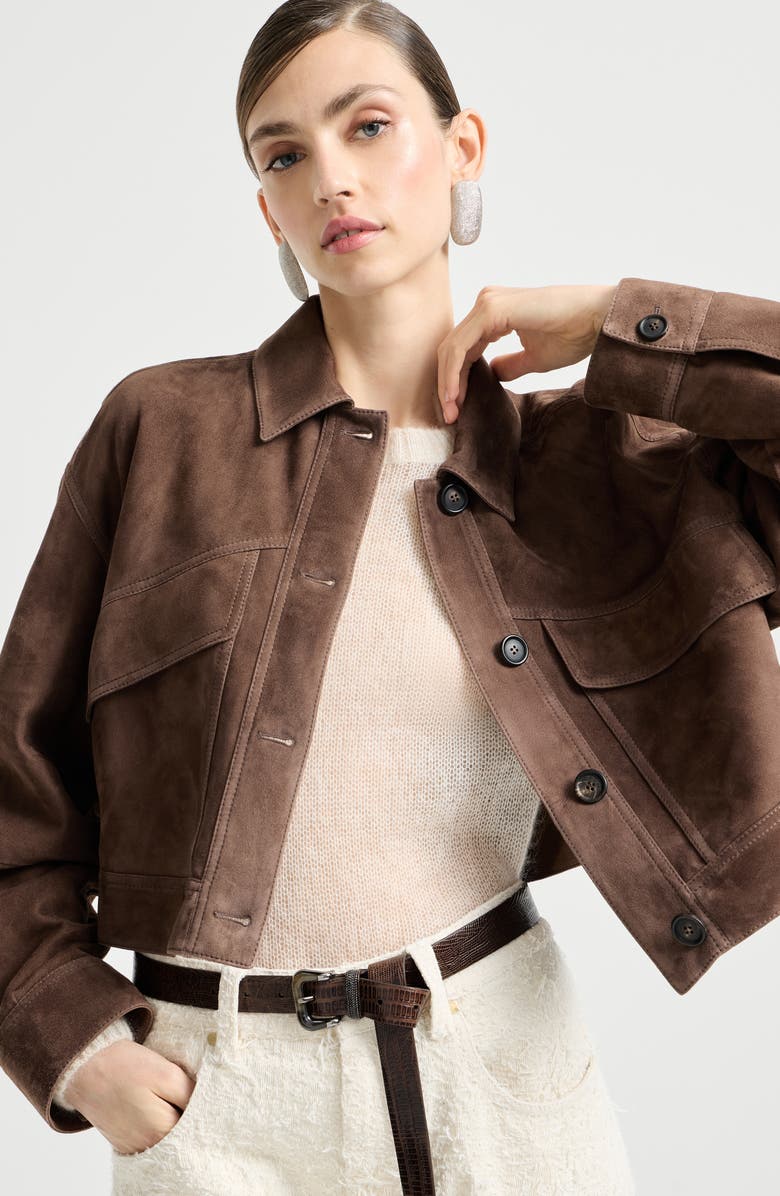 Brunello Cucinelli Couture suede cropped outerwear jacket, Alternate, color, Brown