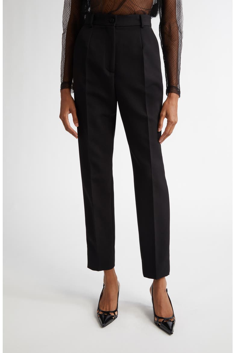 Pleated Virgin Wool & Silk Blend Ankle Straight Leg Trousers, Main, color, N0000 NERO