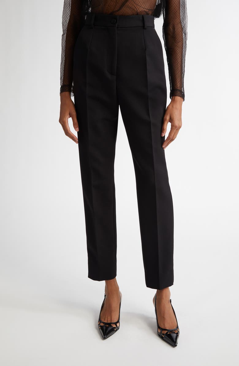 Dolce&Gabbana Pleated Virgin Wool & Silk Blend Ankle Straight Leg Trousers, Main, color, N0000 Nero