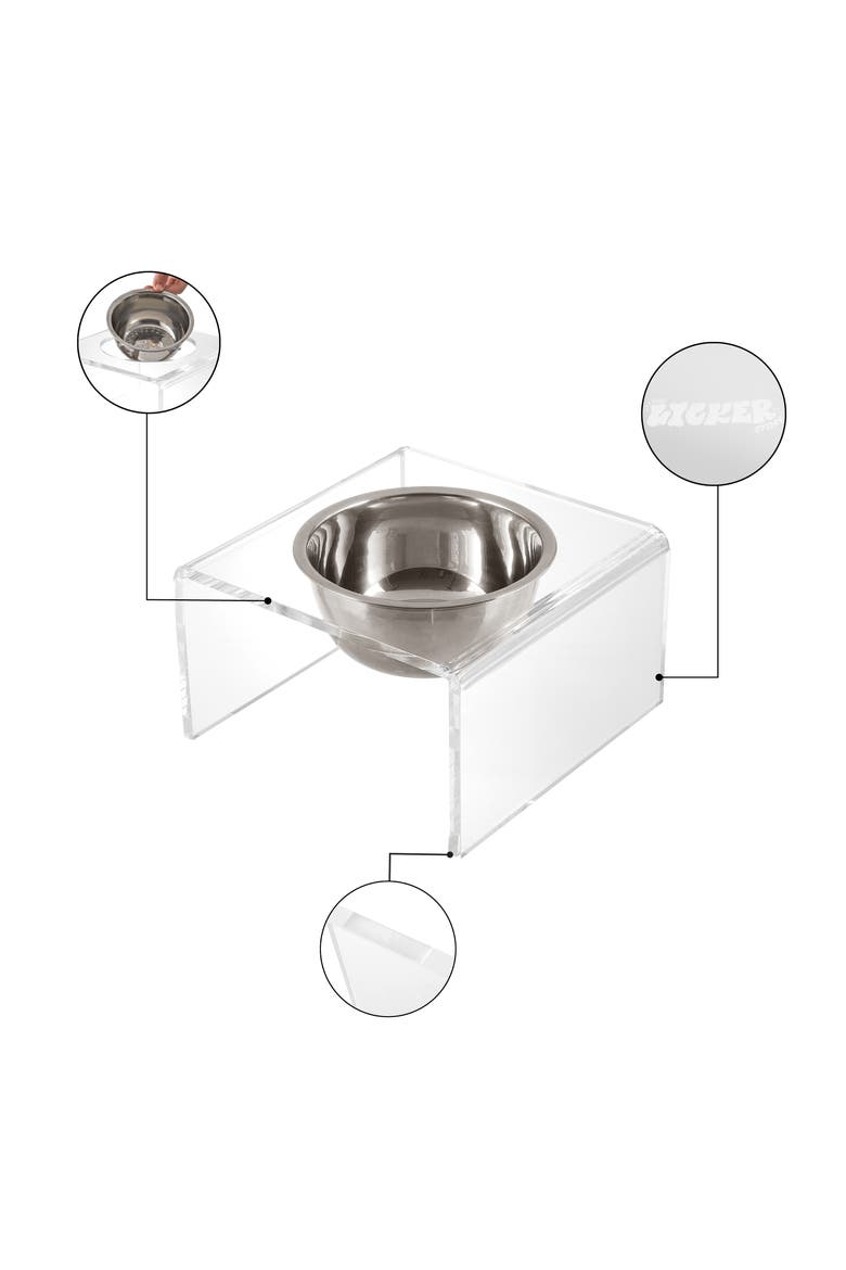 Keaton Modern Lucite Rectangular Elevated Pet Feeder with 2-Stainless Steel Bowls, Alternate, color, Clear/Chrome - Single