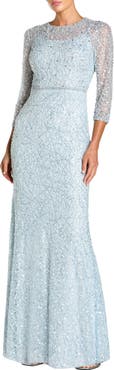 Mac Duggal Beaded Embroidery Elbow Sleeve Column Gown