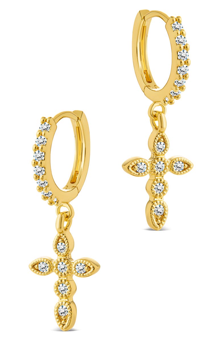 Sterling Forever Cross Drop Hoop Earrings, Alternate, color, Gold