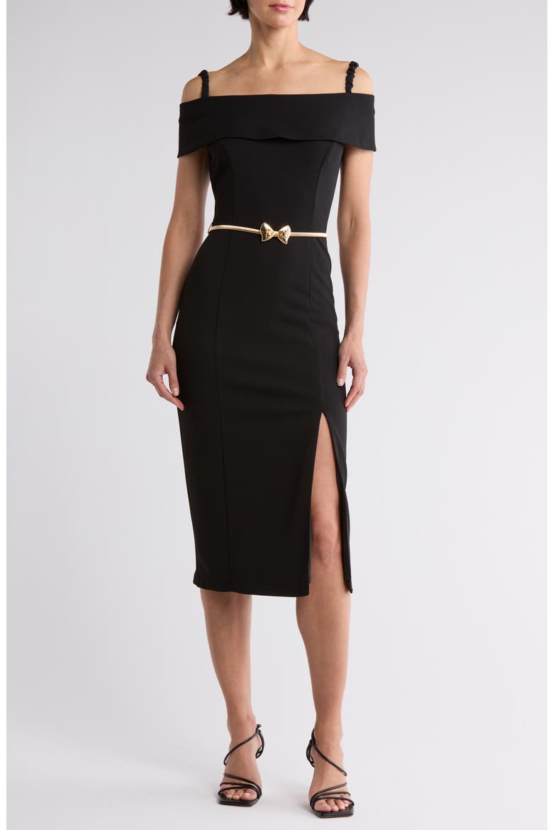 Off the Shoulder Scuba Knit Midi Dress, Alternate, color, BLACK