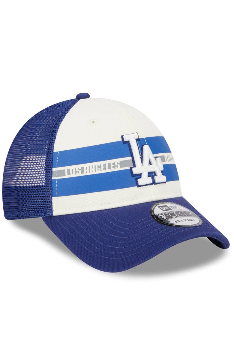 New Era Men's New Era White/Royal Los Angeles Dodgers Team Stripe Trucker 9FORTY Snapback Hat, Alternate, color, White