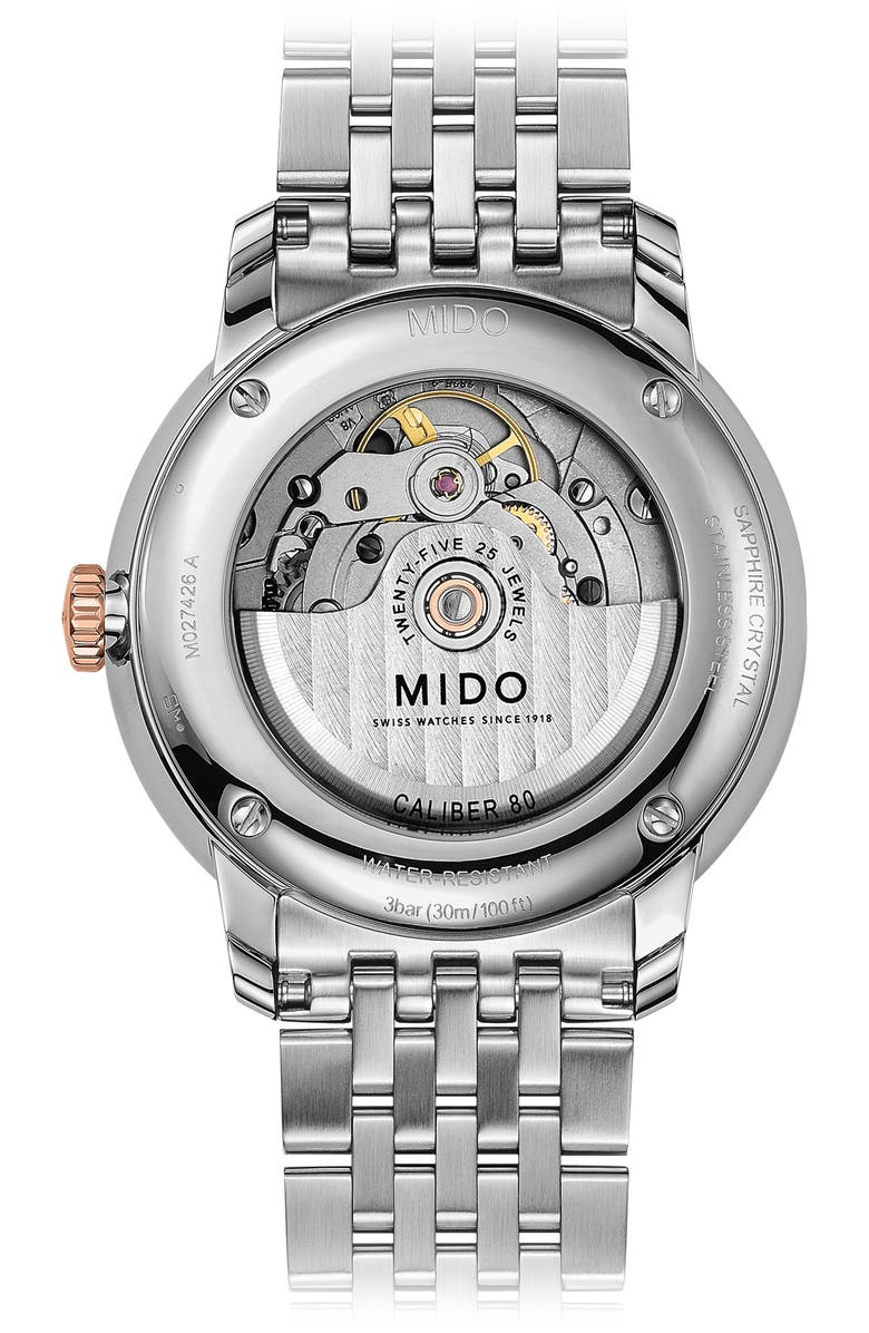 MIDO Baroncelli III Automatic Bracelet Watch, 40mm, Alternate, color, Silver/ White/ Rose Gold