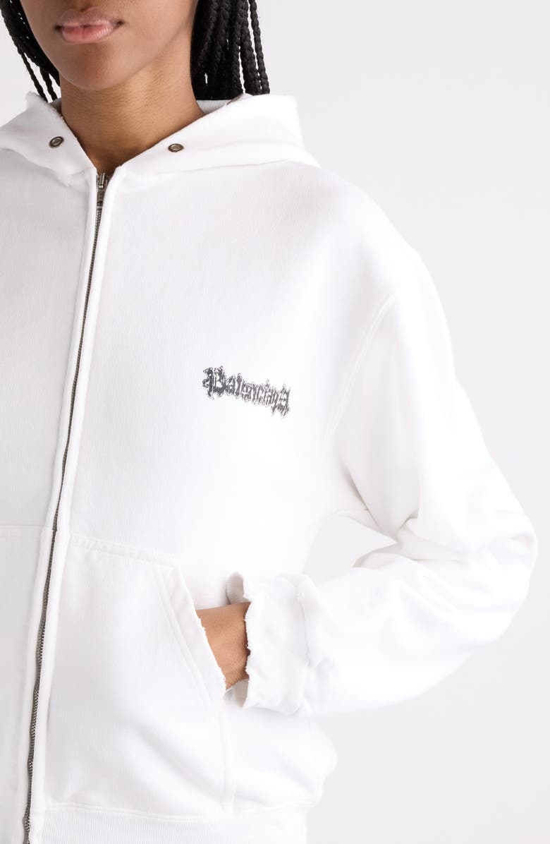 Balenciaga Medium Fit Salon de Couture Distressed Full Zip Fleece Graphic Hoodie, Alternate, color, 9000 White