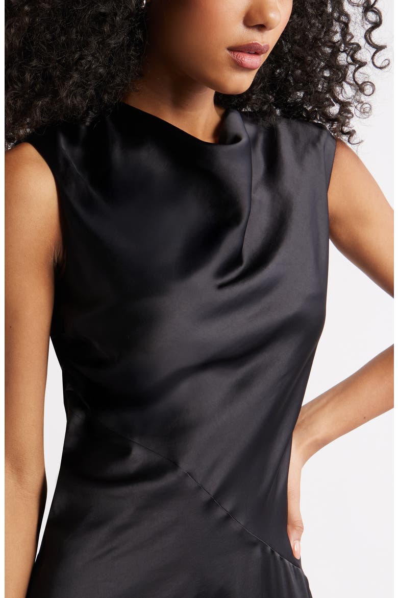 Cowl Neck Asymmetric Satin Midi Dress, Alternate, color, BLACK