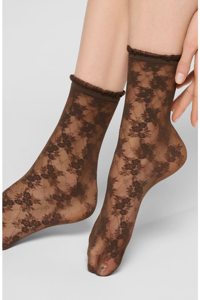 Stylish Ruffle Trim Floral Lace Socks, Alternate, color, CHOCOLATE 3