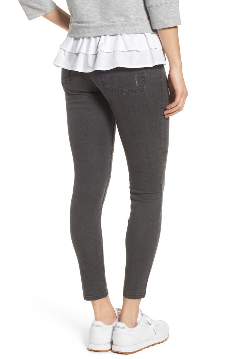 Zeza B by Hue Metallic Knee Patch Denim Skimmer Leggings, Alternate, color, 