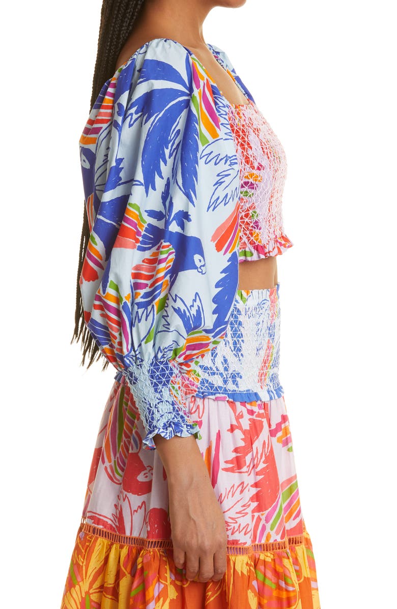 FARM Rio Mixed Print Smocked Cotton Crop Top, Alternate, color, 