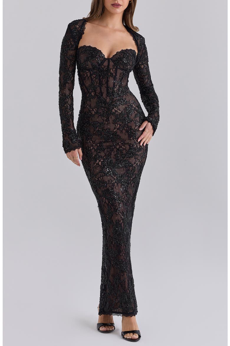 Lucelle Embellished Lace Maxi Dress, Main, color, BLACK
