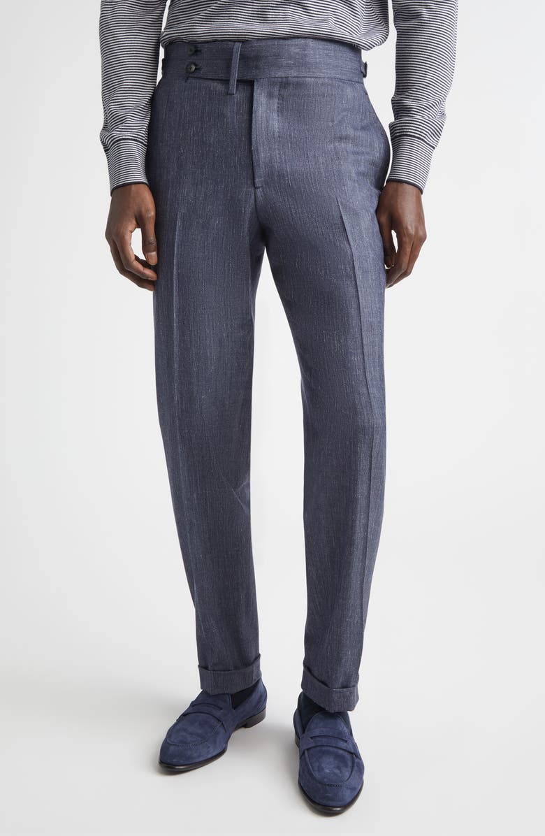 ISAIA Denim Effect Stretch Wool, Silk & Linen Cuffed Pants, Main, color, Medium Blue