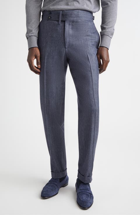 Denim Effect Stretch Wool, Silk & Linen Cuffed Pants