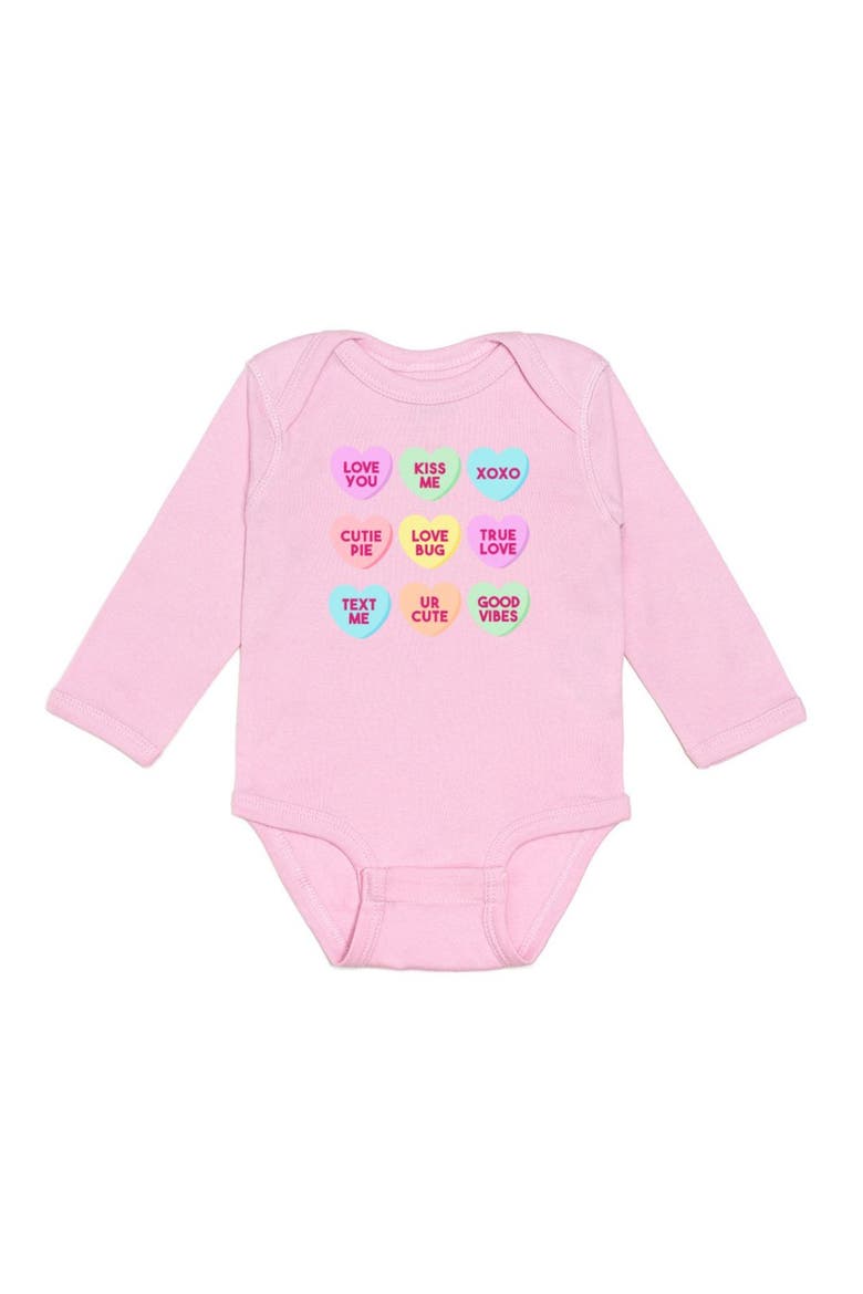 Candy Hearts Valentine's Day Long Sleeve Bodysuit, Main, color, Pink