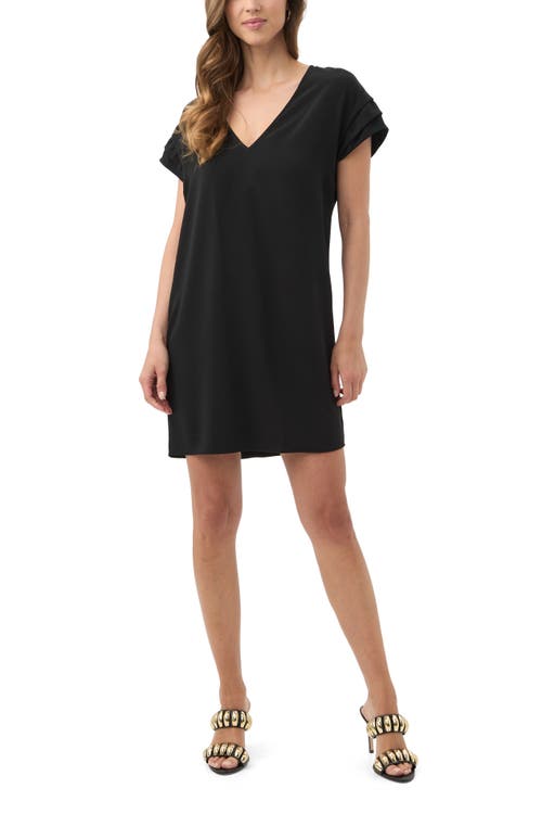 Trina Turk Sadora V Neck Pleated Sleeve Dress In Black