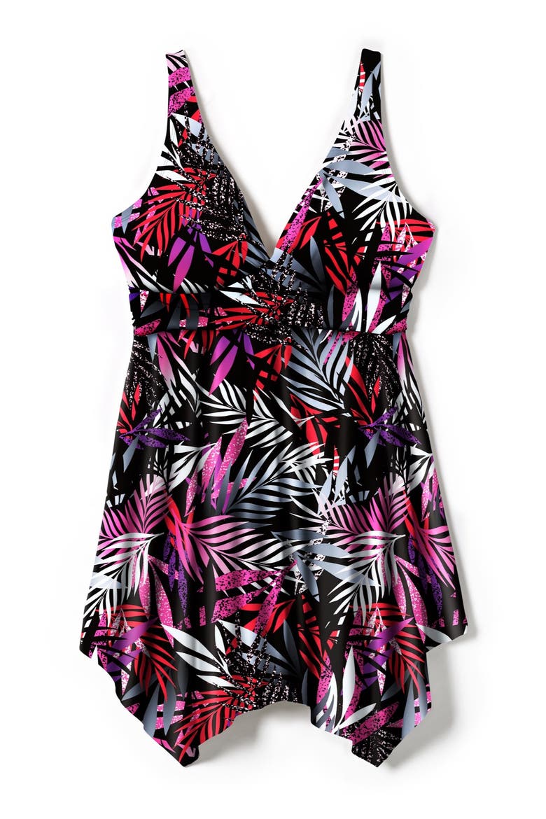 Handkerchief Hem Twist Front Tummy Control Two Piece Swim Dress (plus), Alternate, color, MULTI TEXTURED PALM