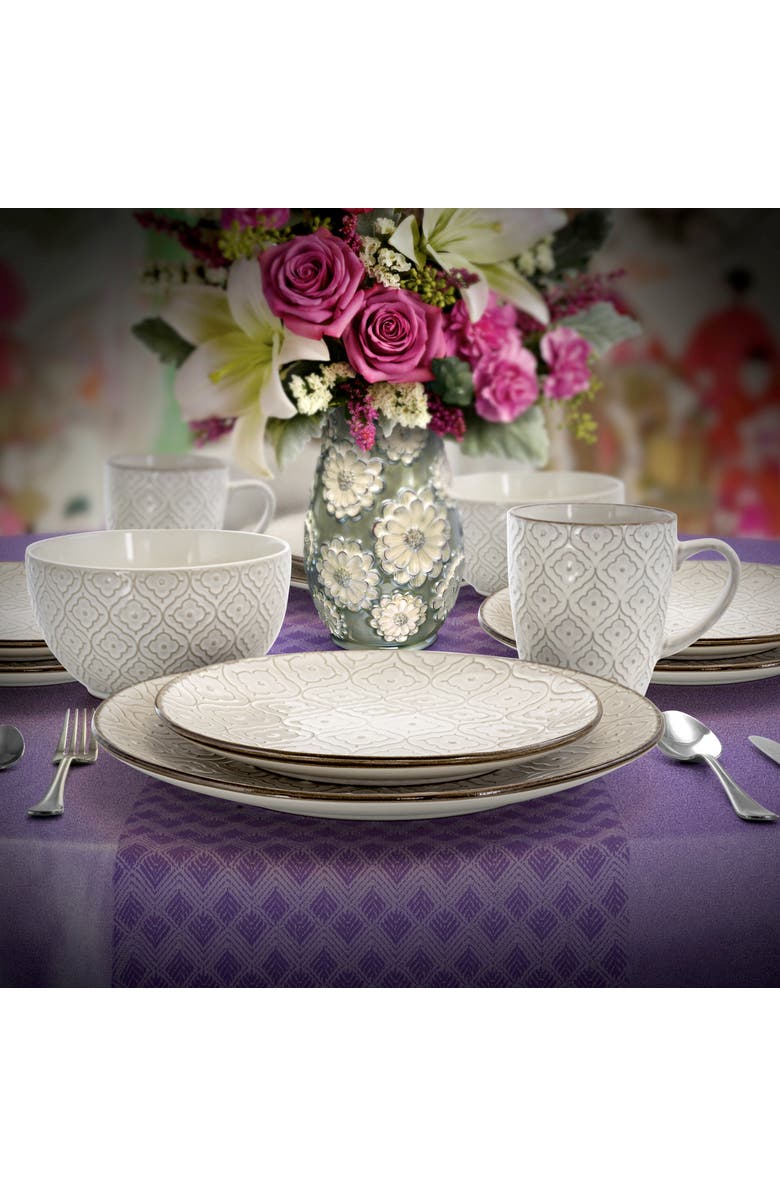 Elama White Lily 16 Piece Luxurious Stoneware Dinnerware with Complete Setting for 4, Alternate, color, Off-White