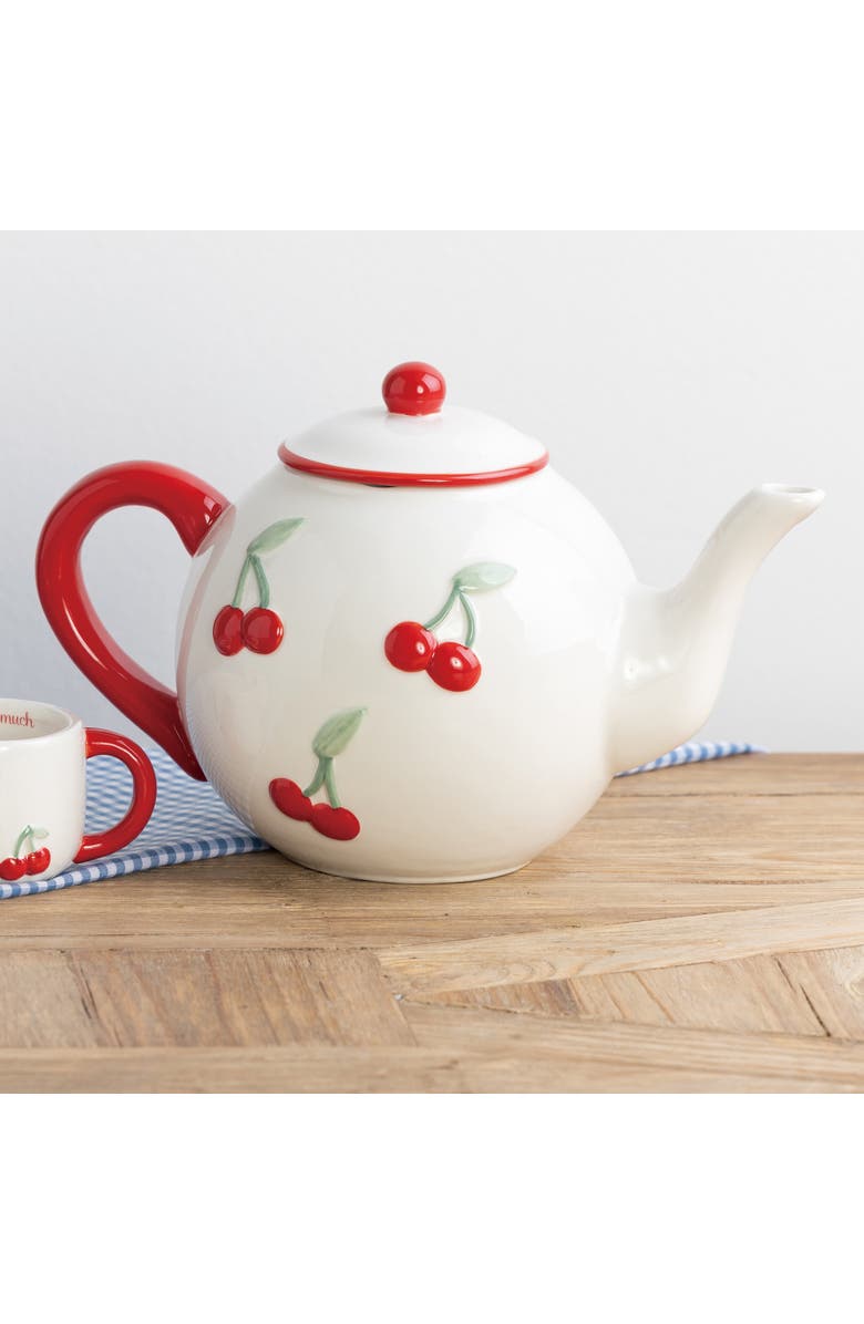 Transpac Dolomite Cherry Teapot with Lid Multicolored for Spring Serving and Entertaining, Alternate, color, Multicolored
