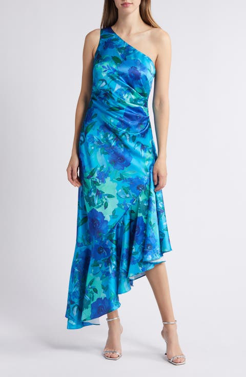 Floral One Shoulder Ruffle Cocktail Dress