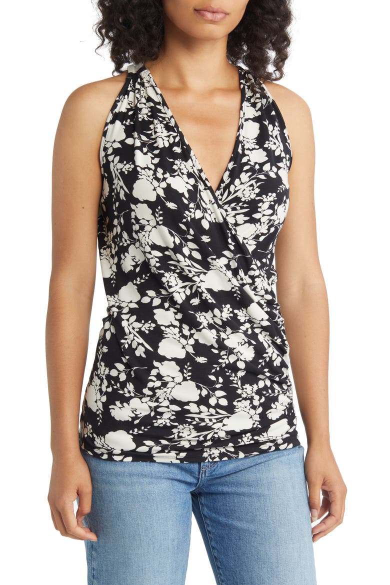 Print Faux Wrap Tank, Main, color, BLACK/ IVORY
