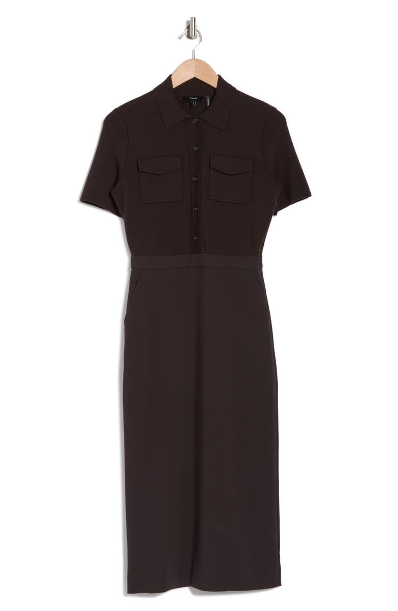 Theory Button Front Mixed Media Crepe Dress, Alternate, color, Hickory