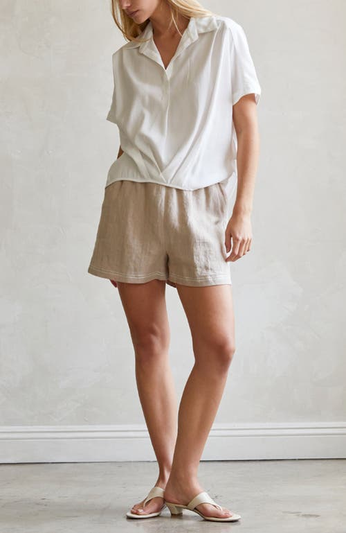 Crescent Contrast Stitch Linen Shorts In White